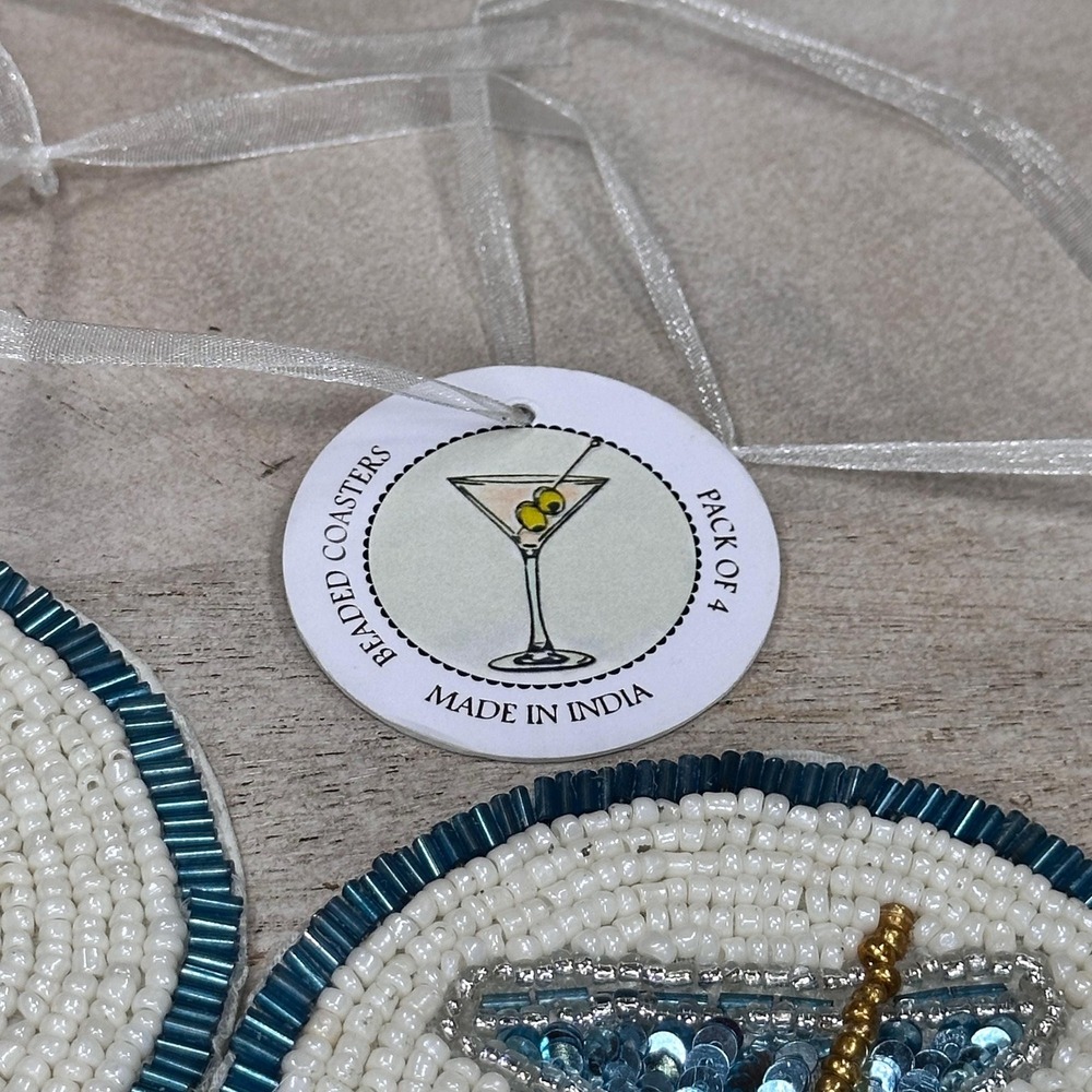 Handmade Beaded Martini Coaster Set Teal White Glass Bead Barware Decor - Picture 6 of 9
